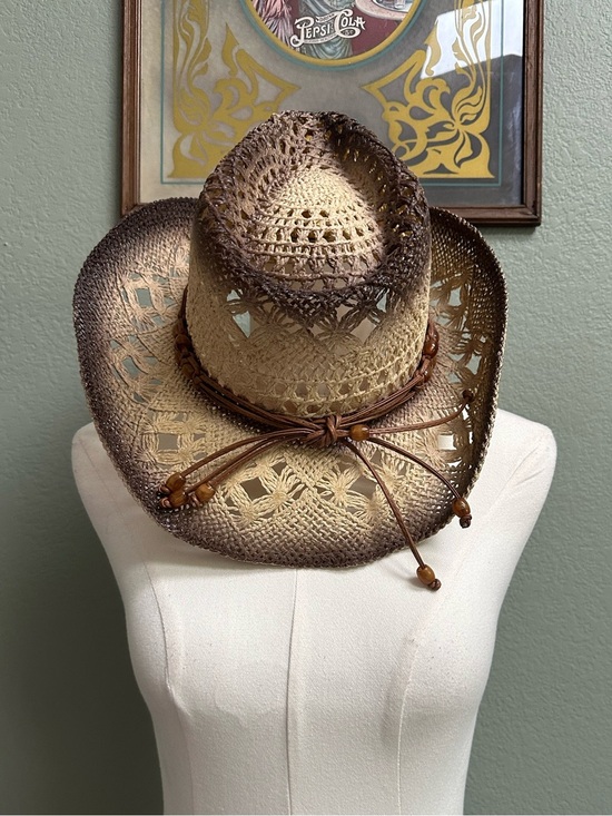 Accessories - Woven Straw Western Cowboy Hat with Beaded Leather Band - Brown Ombre